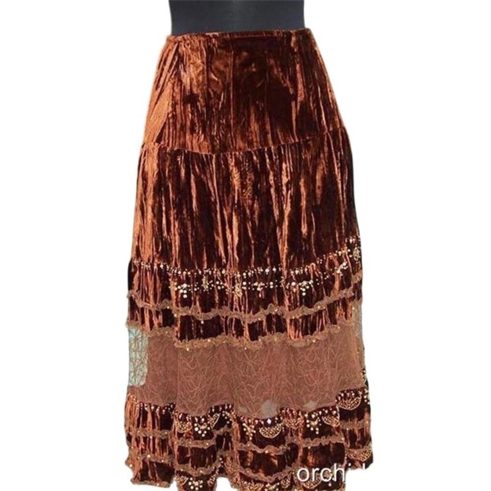 Cache Textured Sequin Bead Peek A Boo Lace Velvet Skirt Lined Beads New $168 NWT